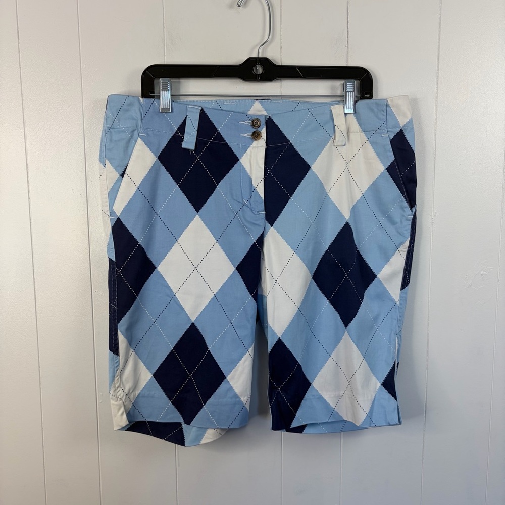 Loudmouth Golf Shorts Blue Argyle Plaid Bermuda Flat Front Cotton Women’s Size 8
